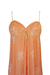 1970s Bill Tice Peach Print Halter Dress & Jacket Pleat Set