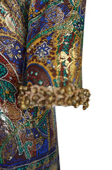 Fall 1990 Oscar de la Renta Printed Metallic Silk Dress w Brass Bell Edging