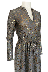 1970s Mollie Parnis Silver Sequin & Knit Lame Jersey Dress w Belt