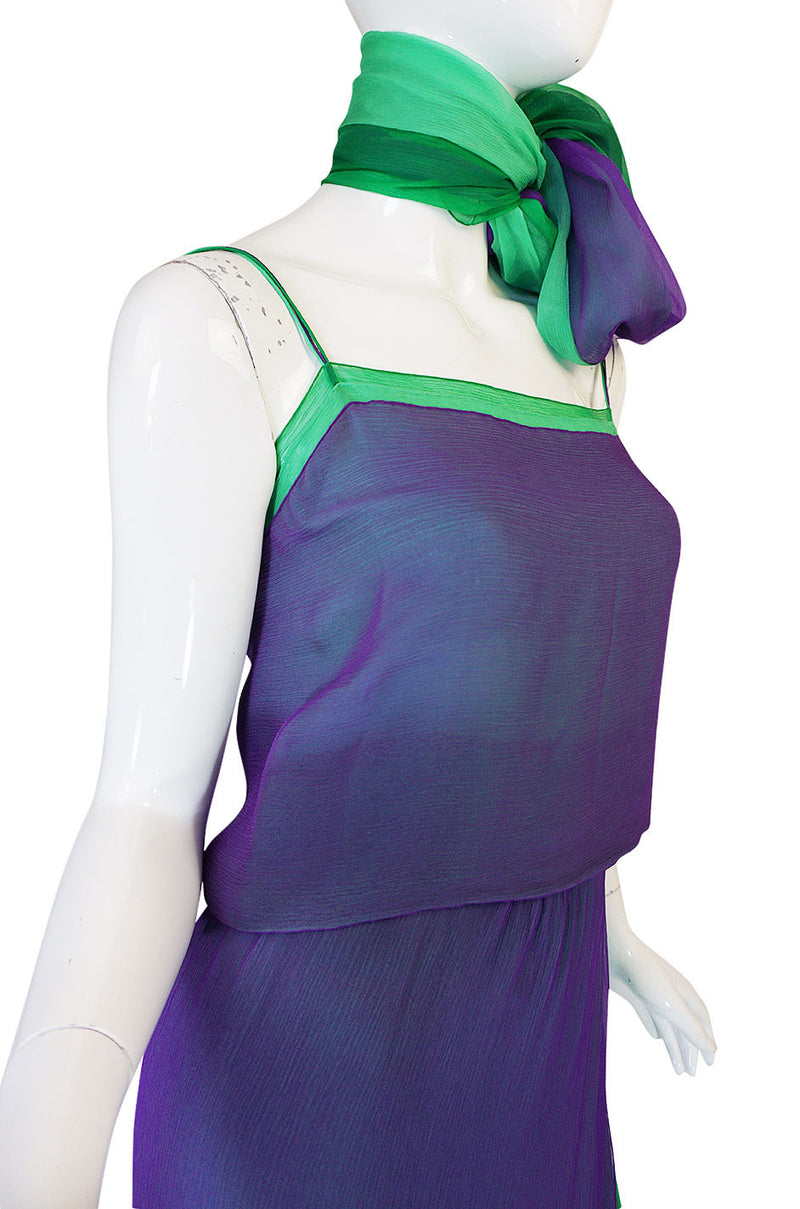 1970s Pauline Trigere Purple & Green Silk Chiffon Set