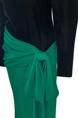 Fall 1983 Ady Couture Lausanne for Yves Saint Laurent Silk Black Velvet Bodice Dress w Emerald Green Silk Skirt