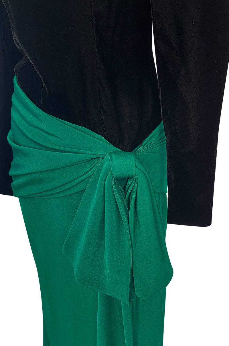Fall 1983 Ady Couture Lausanne for Yves Saint Laurent Silk Black Velvet Bodice Dress w Emerald Green Silk Skirt