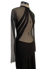 Spectacular 2005 John Anthony Couture Black Stretch Jersey Dress w Curved Netted Cut Outs