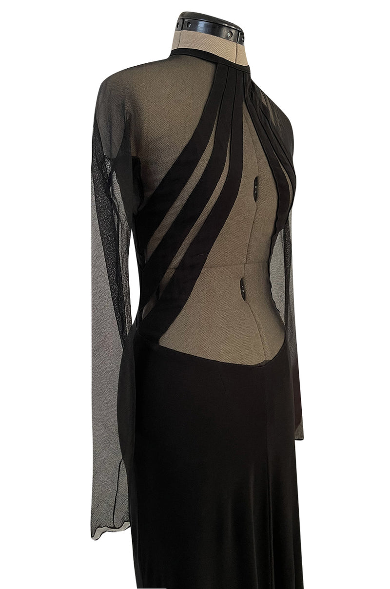 Spectacular 2005 John Anthony Couture Black Stretch Jersey Dress w Curved Netted Cut Outs