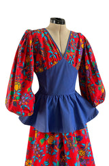 Spring 1983 Yves Saint Laurent Red Floral Print Balloon Sleeve Dress w Corset Waist & Peplum
