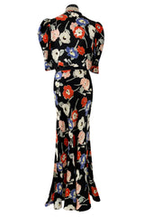 Beautiful 1930s Bias Cut Heavy Silk Satin Floral Print Dress w Scalloped Edged Jacket