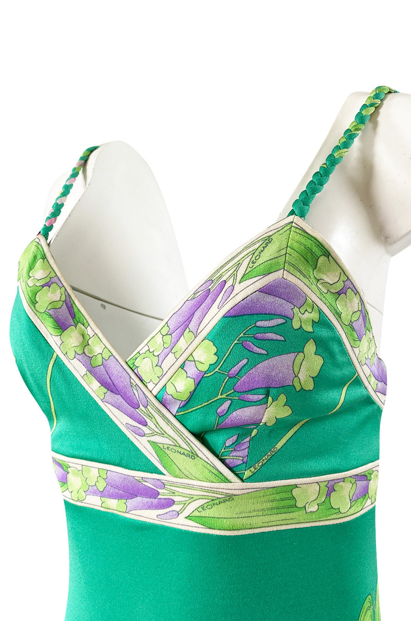1970s Leonard Paris Green Floral Print Silk Jersey Halter Dress