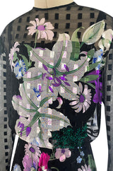 Beautiful 1970s Ted Lapidus Ribbon Weave Silk Chiffon Dress w Prettiest Floral Print