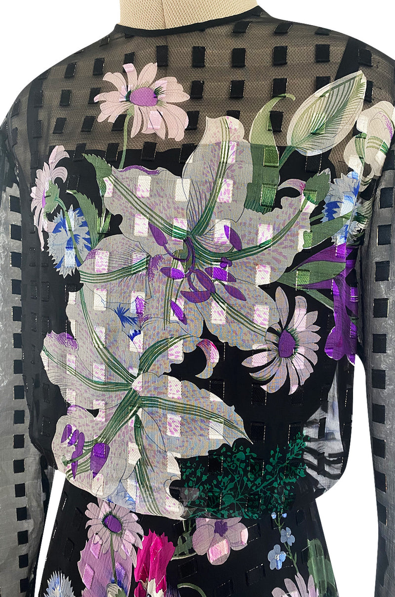 Beautiful 1970s Ted Lapidus Ribbon Weave Silk Chiffon Dress w Prettiest Floral Print