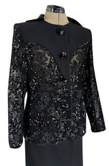 1980s Ady Couture Lausanne Transparent Lace & Sequin Jacket Suit w Black Pencil Skirt