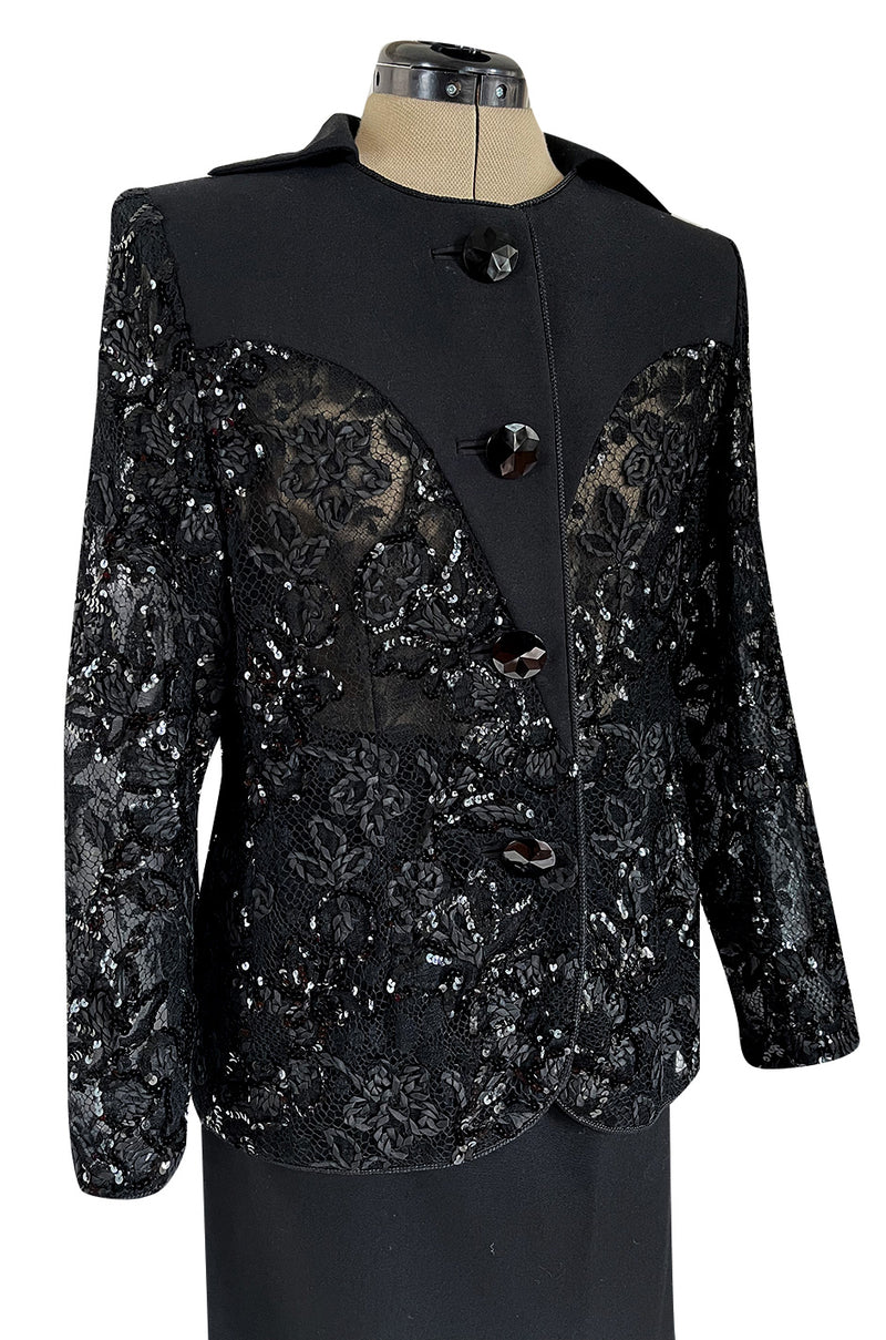 1980s Ady Couture Lausanne Transparent Lace & Sequin Jacket Suit w Black Pencil Skirt