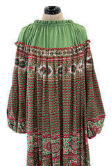 Gorgeous 1970s Lanvin Couture Printed Gathered Silk Caftan Dress w Balloon Sleeves & Felt Hem