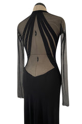 Spectacular 2005 John Anthony Couture Black Stretch Jersey Dress w Curved Netted Cut Outs