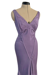 2014 Zac Posen Bias Cut Soft Purple Dress W Low V Back and Front & Exposed Edge Seaming