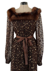 1970s Givenchy by Hubert de Givenchy Haute Couture Gold Metallic Dot on Silk Chiffon Dress w Mink Trim