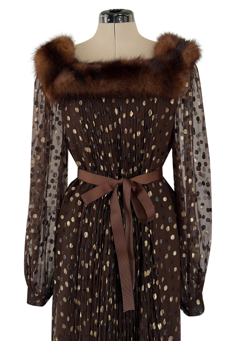 1970s Givenchy by Hubert de Givenchy Haute Couture Gold Metallic Dot on Silk Chiffon Dress w Mink Trim