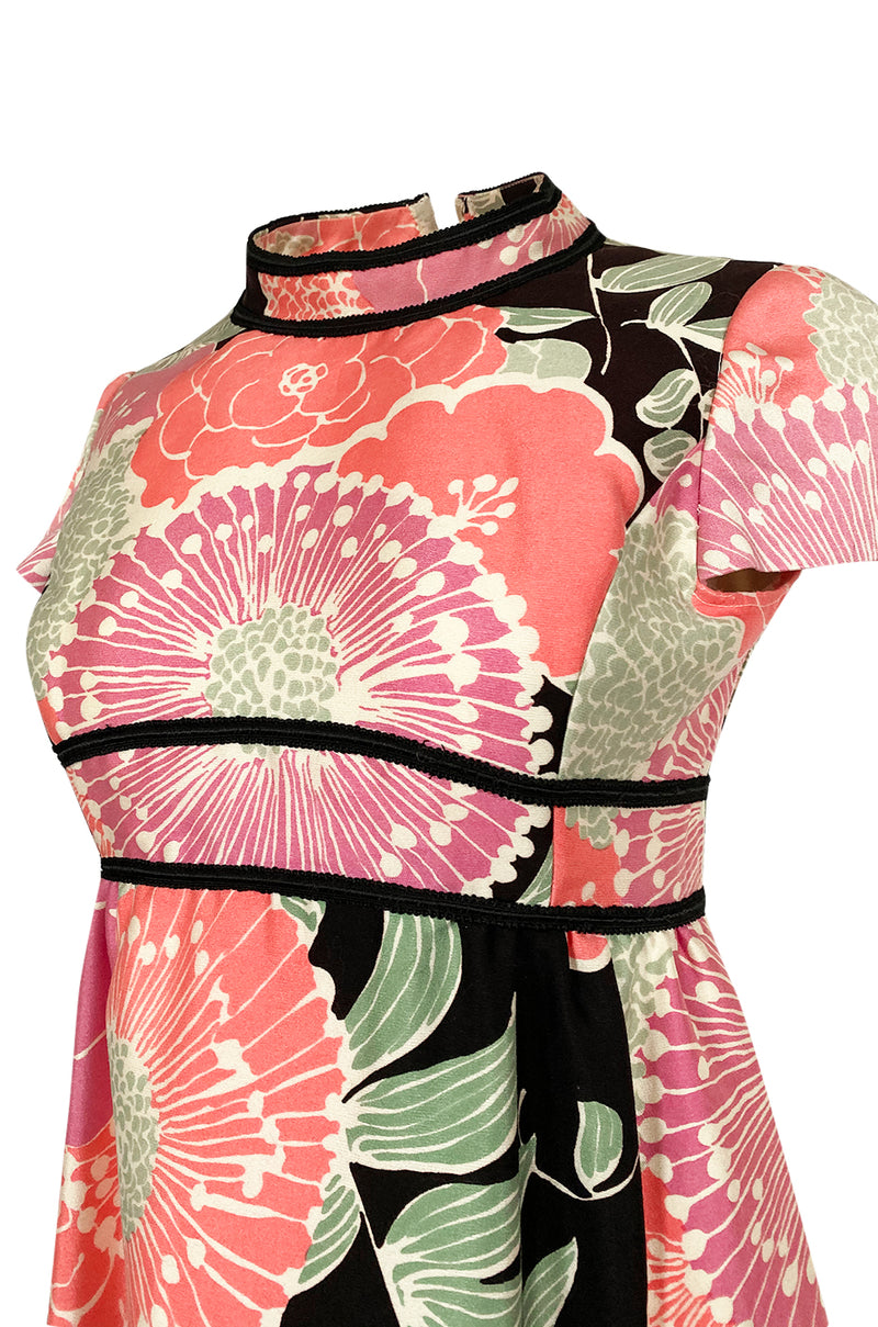 Late 1960s Malcolm Starr Prettiest Huge Pastel Floral Print Silk Dress