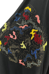 Extraordinary 1940s Hand Embroidered & Beaded Black Moss Crepe Balloon Sleeve Top