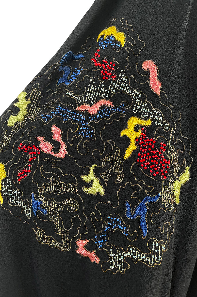 Extraordinary 1940s Hand Embroidered & Beaded Black Moss Crepe Balloon Sleeve Top