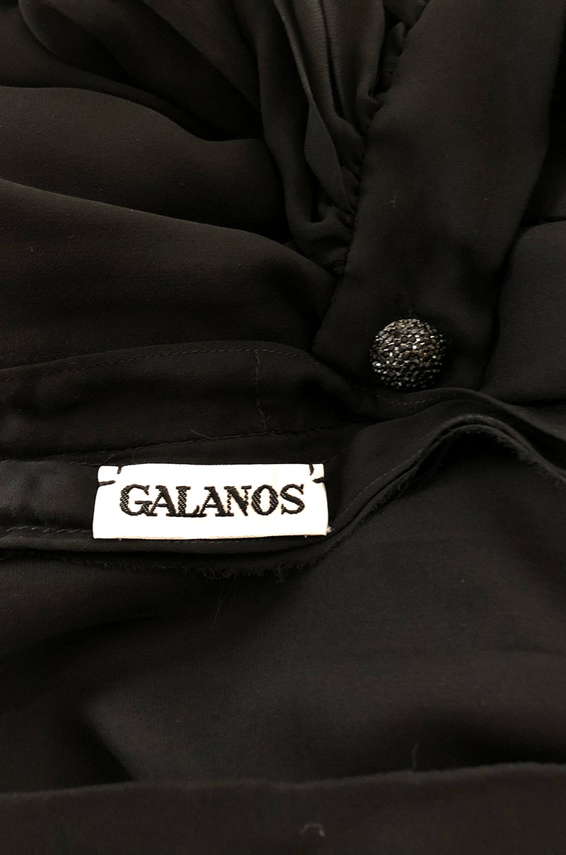 1960s Galanos Domed Rhinestone Button Silk Chiffon Pleat Dress