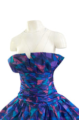 1987 Nina Ricci Multi Colour Printed Silk Taffeta Tiered Ruffled Mini Dress