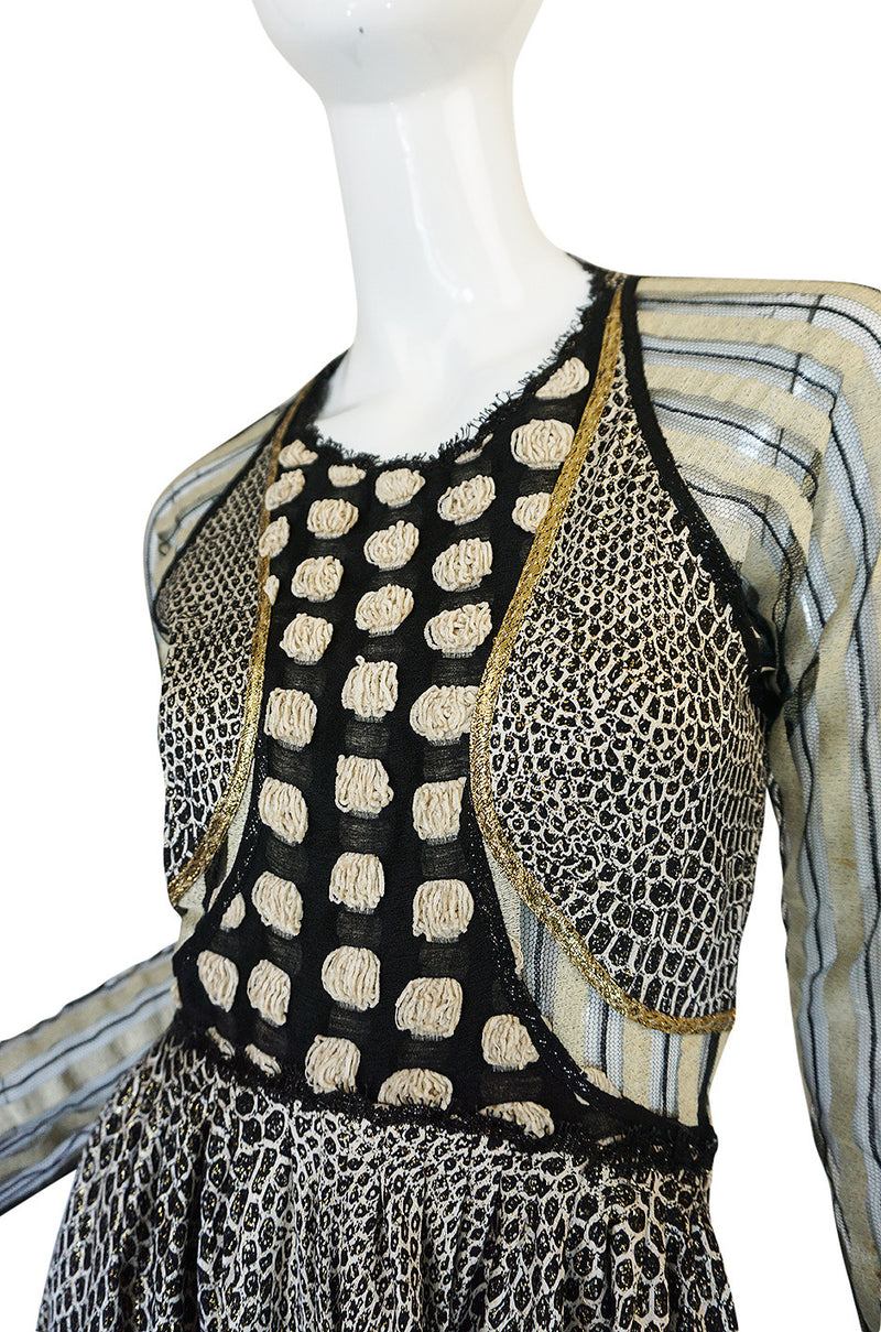 1970s Geoffrey Beene Couture Gold Metallic Lurex & Net Print Dress