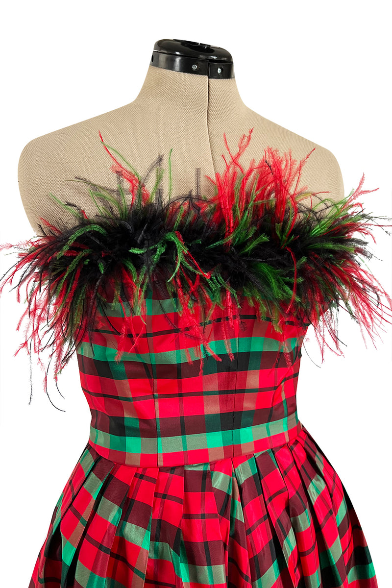 Gorgeous 1980s Victor Costa Silk Taffeta Plaid & Feather Strapless Dress