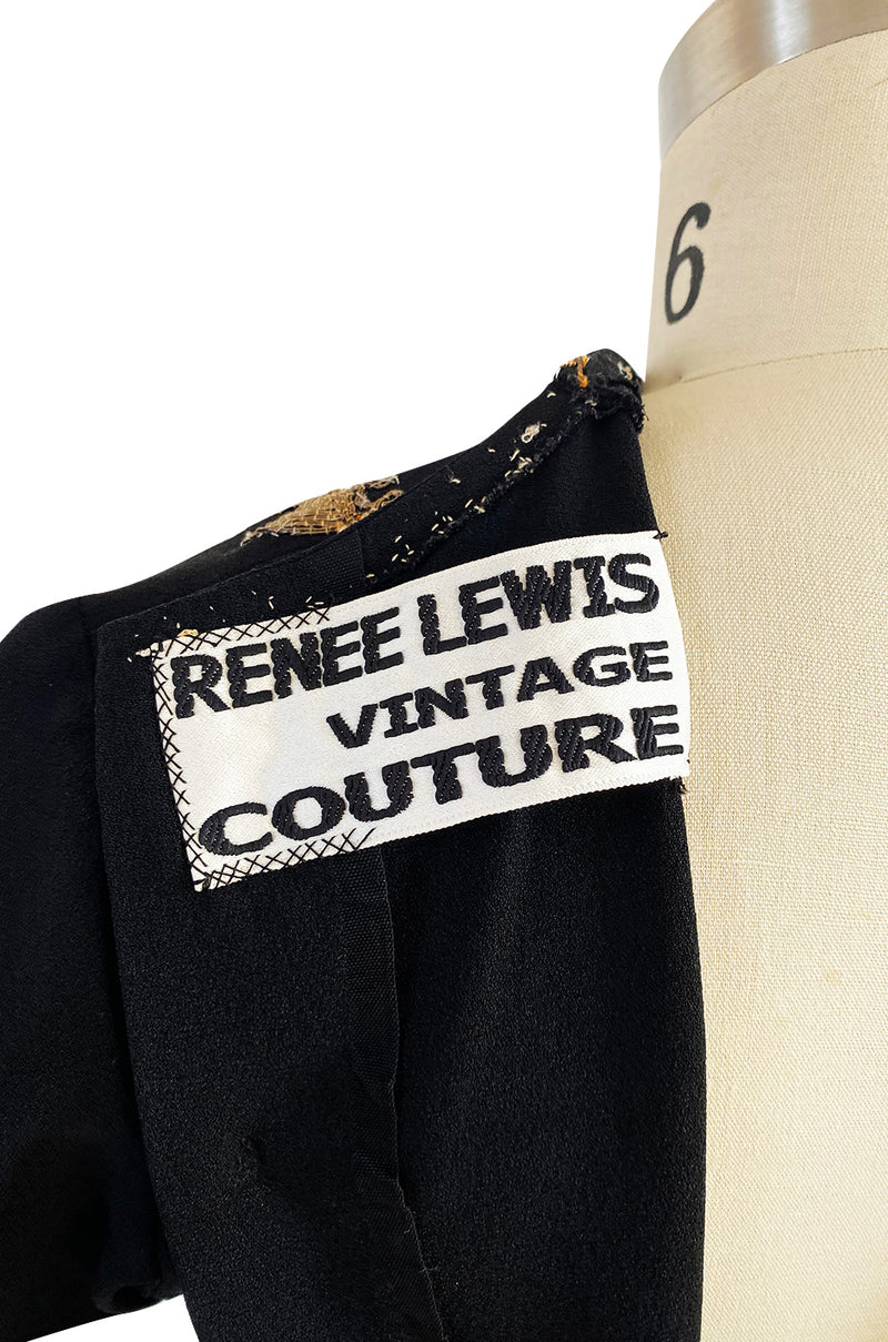 1980s Upcycled 1940s Renee Lewis Couture Hand Gold Embroidered Black Silk Crepe Top