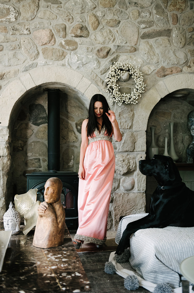 c.1966 Oscar De La Renta Pink Silk Satin & Silver Embellished Dress