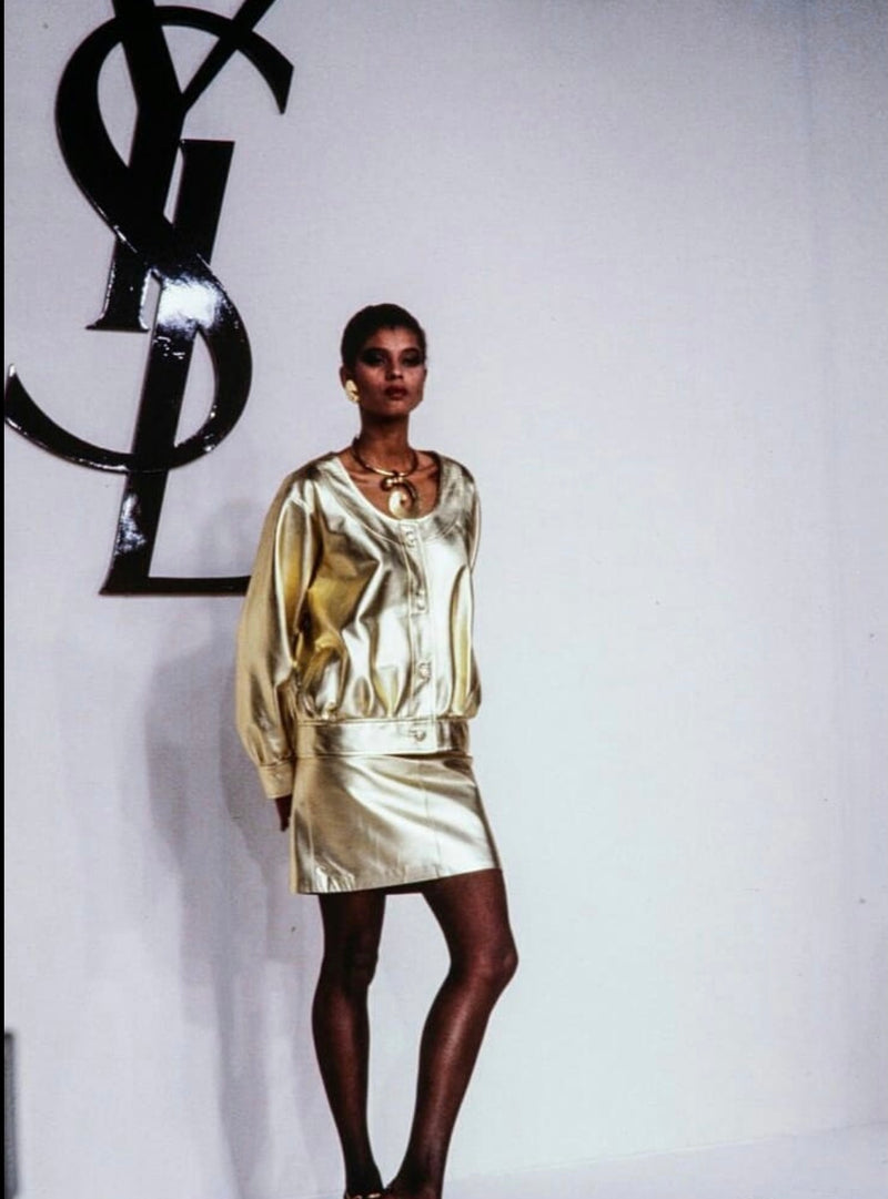Spring 1982 Yves Saint Laurent Metallic Silver Leather Pencil Cut Skirt