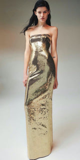 Resort 2020 Alex Perry Supermodel Long Strapelss Gold Sequin 'Howard' Dress