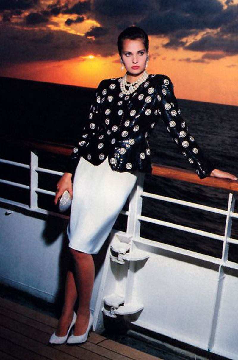 1986 Bill Blass Well Documented White Button & Dot Sequin Jacket & Skirt Set
