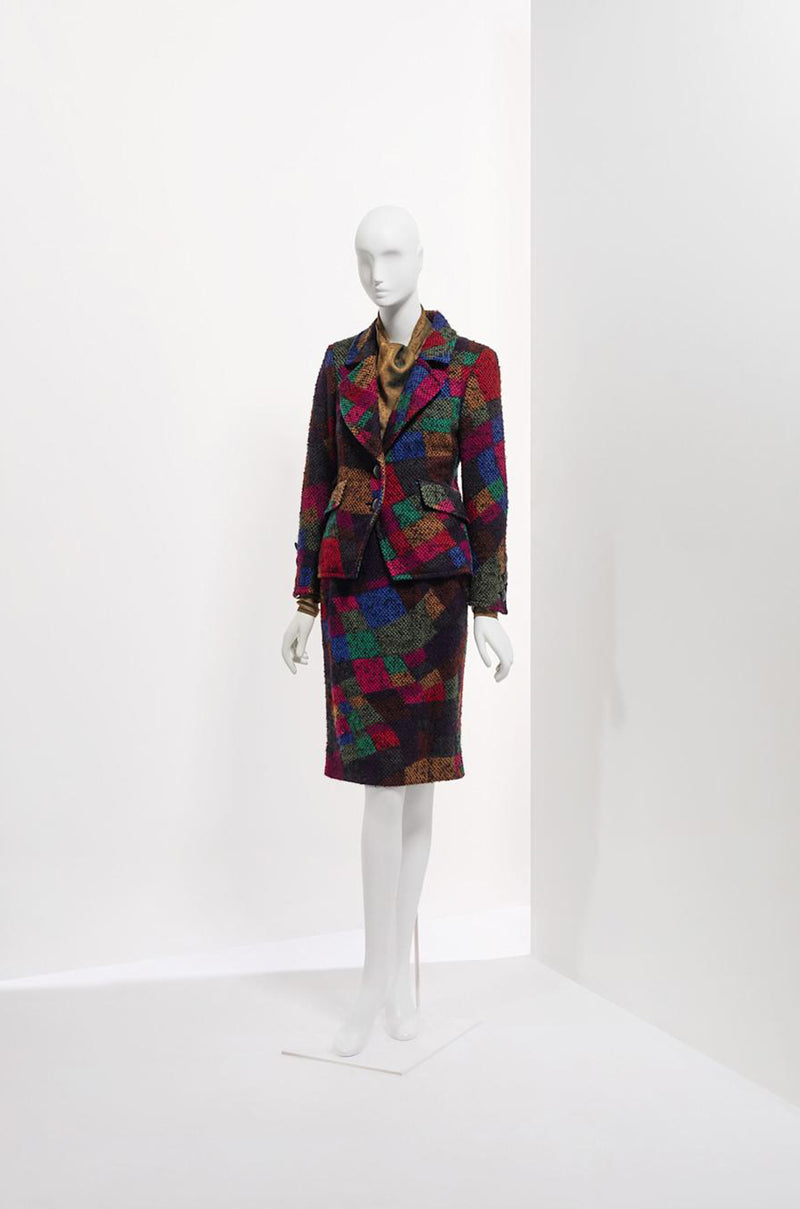 Fall 1991 Ady Couture Lausanne Yves Saint Laurent Haute Couture Copy Wool Patchwork Suit w Silk Top