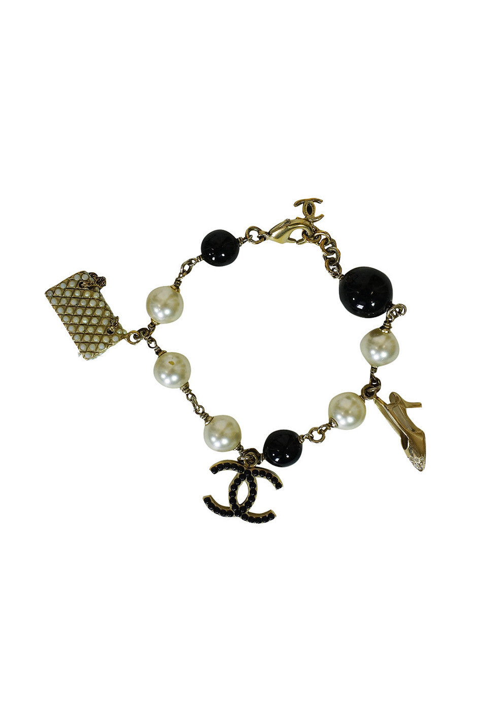 CHANEL Pearl Rhinestone Charm Bracelet Star Coco CC Mark Engraved Gold White