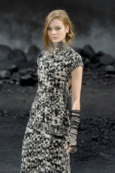 Runway Fall 2011 Chanel by Karl Lagerfeld Black & Ivory Knit Dress w Fringed Open Back