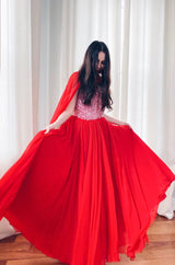 1960s Unlabeled Red Silk Chiffon & Sequin Dress w Matching Cape
