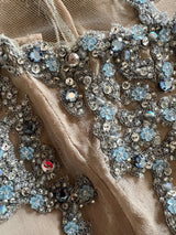 Exquisite 1985 John Anthony Nude Silk Chiffon & Net Dress w Silver Chain Rhinestones and Beads