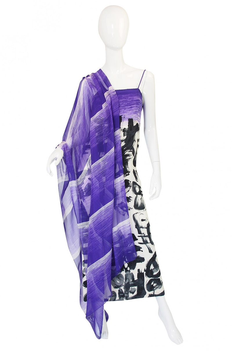 1970s Hanae Mori Silk Dress & Scarf w Purple & Graphic Print