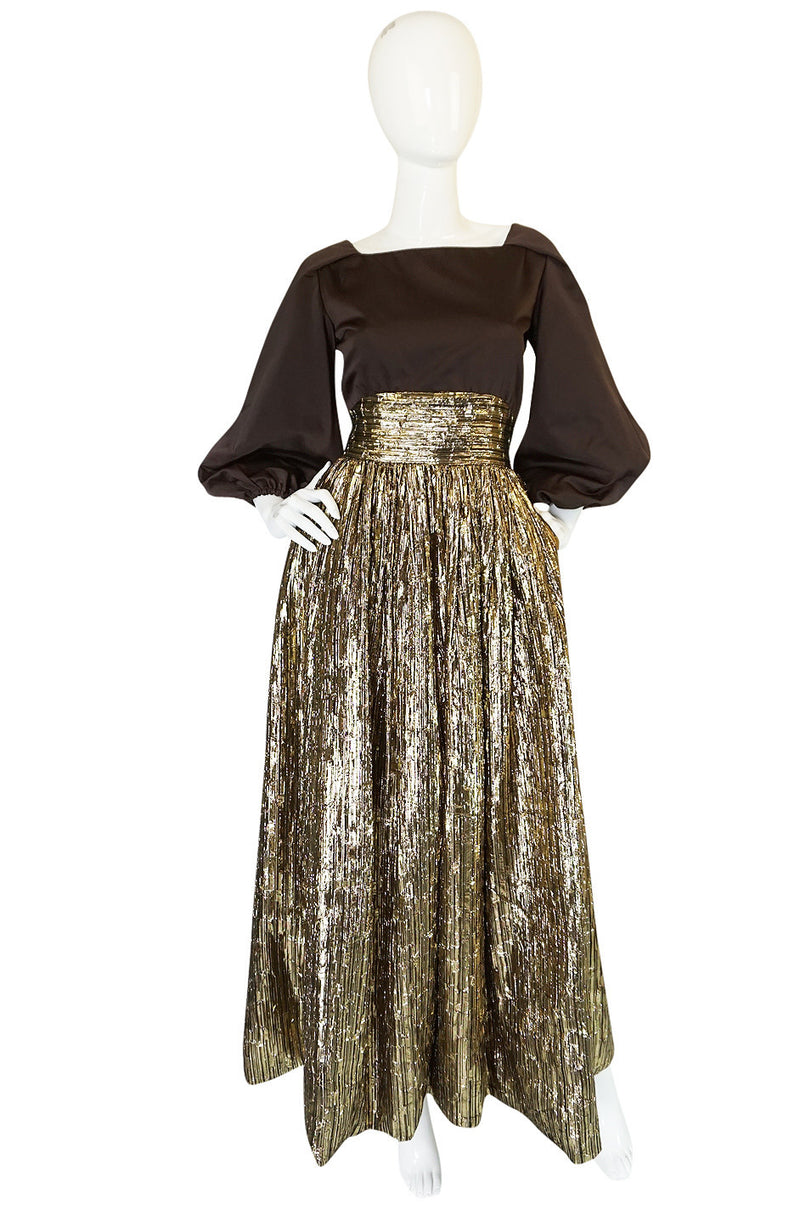 1970s Travilla Puffed Sleeve Silk & Gold Lame Gown Shrimpton Couture 1970s Travilla Puffed Sleeve Silk & Gold Lame Gown Shrimpton Couture