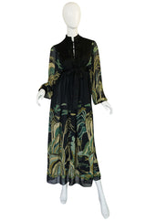 1960s Teal Traina New With Tags Printed Chiffon Dress