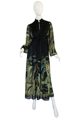 1960s Teal Traina New With Tags Printed Chiffon Dress