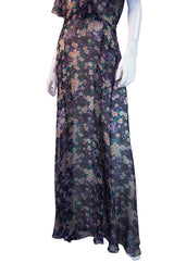 1930s Purple Floral Silk Chiffon Gown