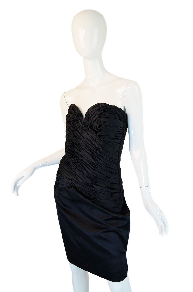 1980s Black Silk Satin Vicky Tiel Strapless Dress