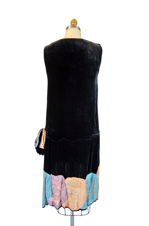 1920s Silk Velvet Sequin Hem Dress