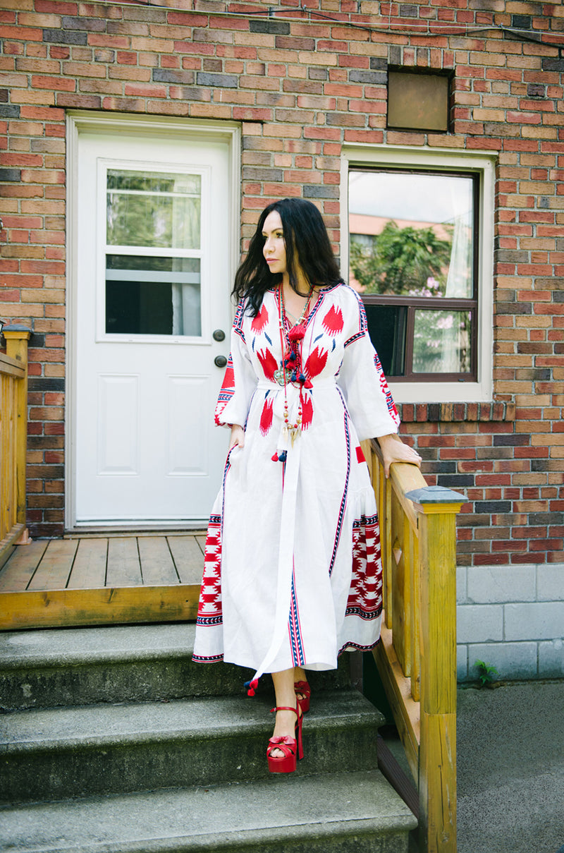 red and white embroidered dress Folk Dress, Vyshyvanka Dress, Ethnic Artisan Dress, Folklore Dress, Midi for Women, Cotton Prairie Dress Avara Exclusive Allover embroidered details Scoop neckline Sleeveless 2017 Vita Kin White Linen