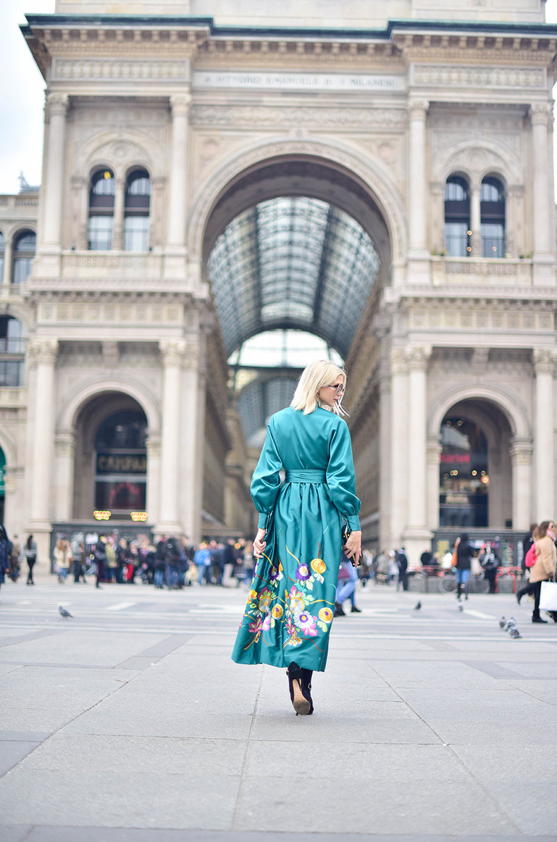 1960s Teal Traina Emerald Green Embroidered Silk Dress