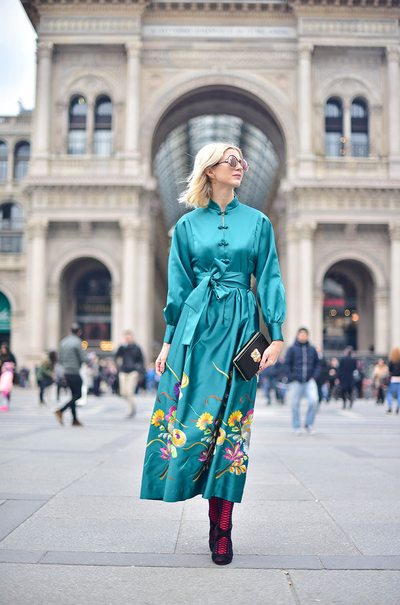 1960s Teal Traina Emerald Green Embroidered Silk Dress