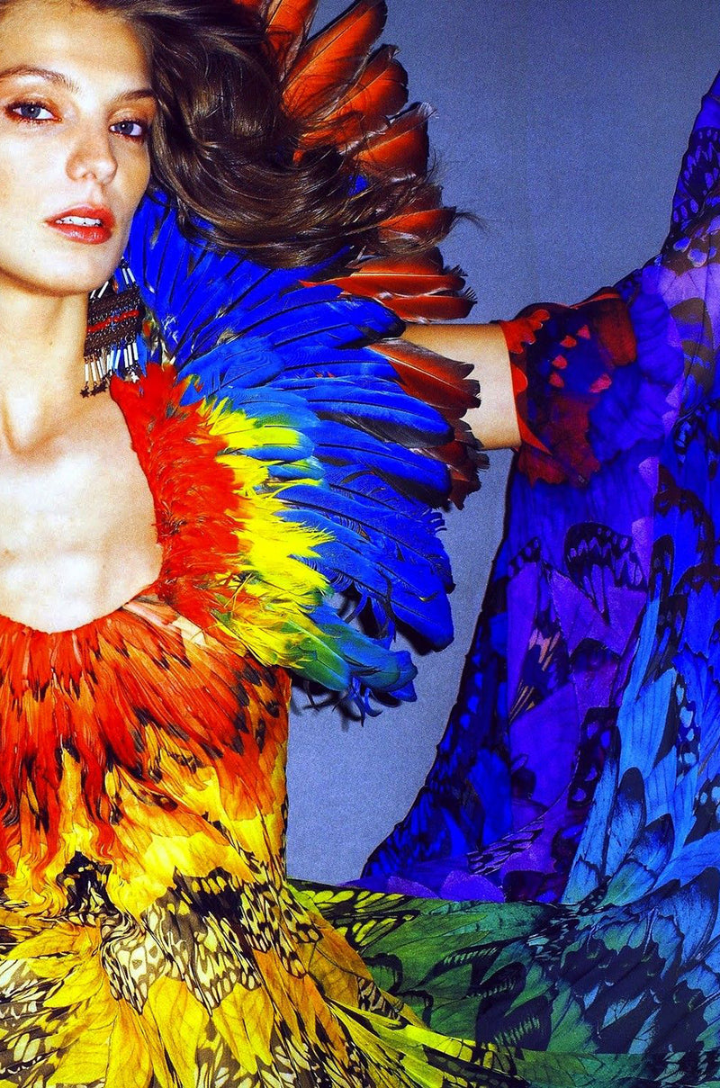 Spring 2008 Alexander McQueen Iconic Strapless Silk Chiffon Butterfly Rainbow Dress w Belt