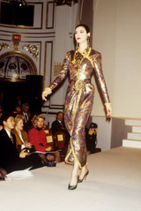 Fall 1990 Oscar de la Renta Metallic Gold Silk Lame Dress w Brass Bell Trim