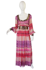 1960s Pink & Gold Silk Chiffon Dress with Silver Beading